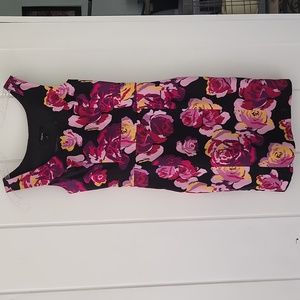 "Express Floral Elegance: Black Knee-Length Dress with Pink, Maroon, and Yellow